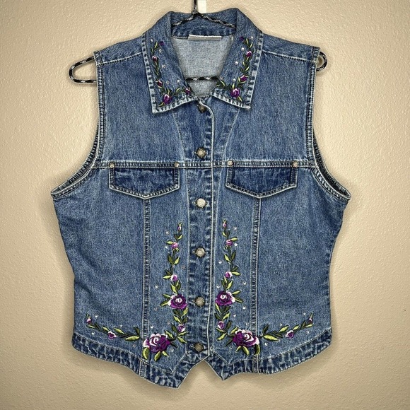 bill blass Jackets & Blazers - Vintage Bill Blass Blue Floral Embroidered Rhinestone Embellished Denim Vest